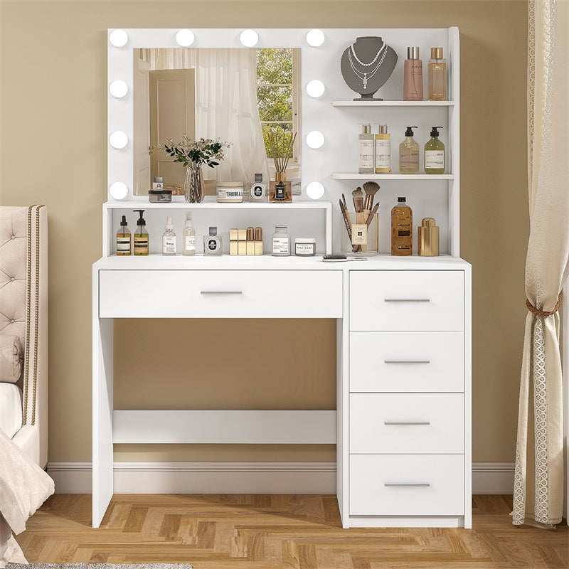 Makeup Vanity Desk with Mirror, 10 Lights, 5 Drawers, 3 Storage Shelves, 3 Color Modes & Adjustable Brightness Dressing Table, 35.4” Desk, White