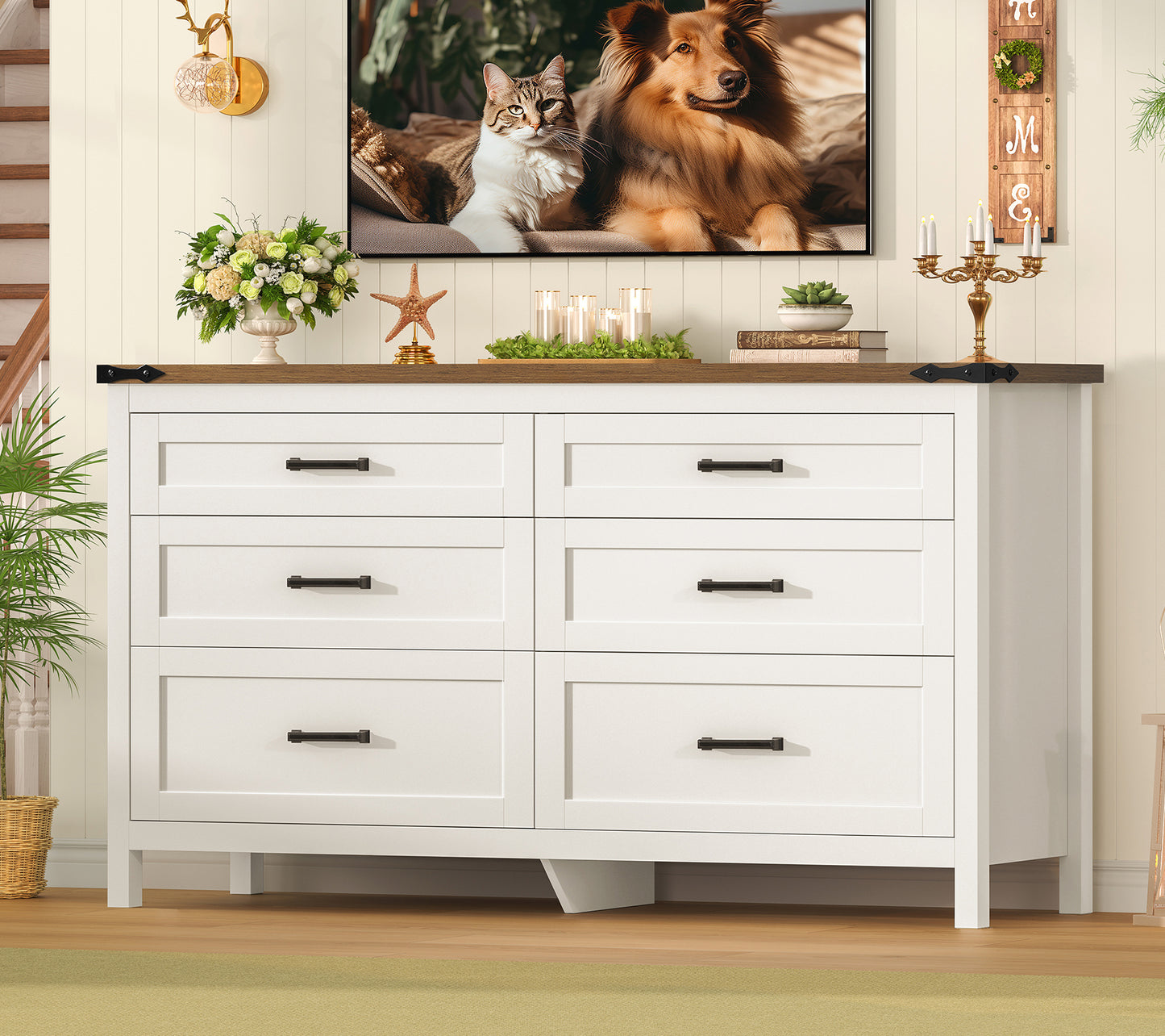 TEENFON White 6 Drawer Dresser for Bedroom, 47.2'' Farmhosue Dresser with Metal Handles, Wood Chest of Drawers, Bedroom Dressers for Living Room, Entryway, White