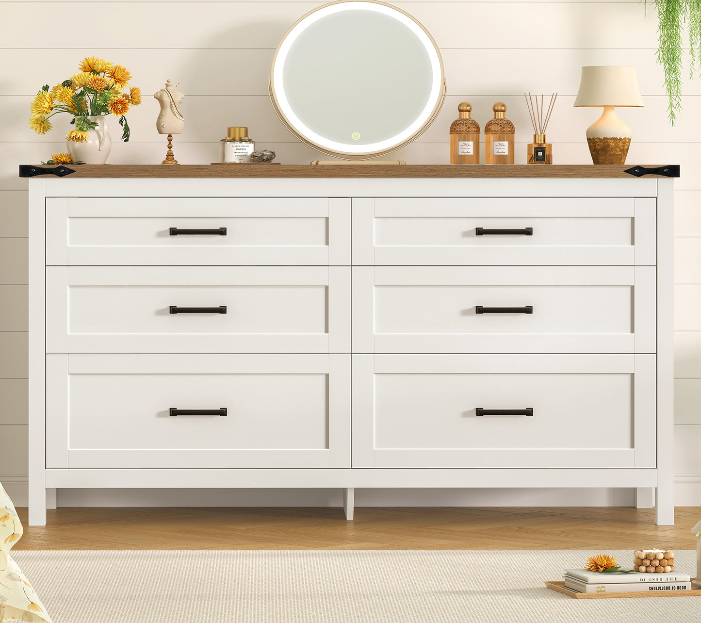 TEENFON White 6 Drawer Dresser for Bedroom, 47.2'' Farmhosue Dresser with Metal Handles, Wood Chest of Drawers, Bedroom Dressers for Living Room, Entryway, White