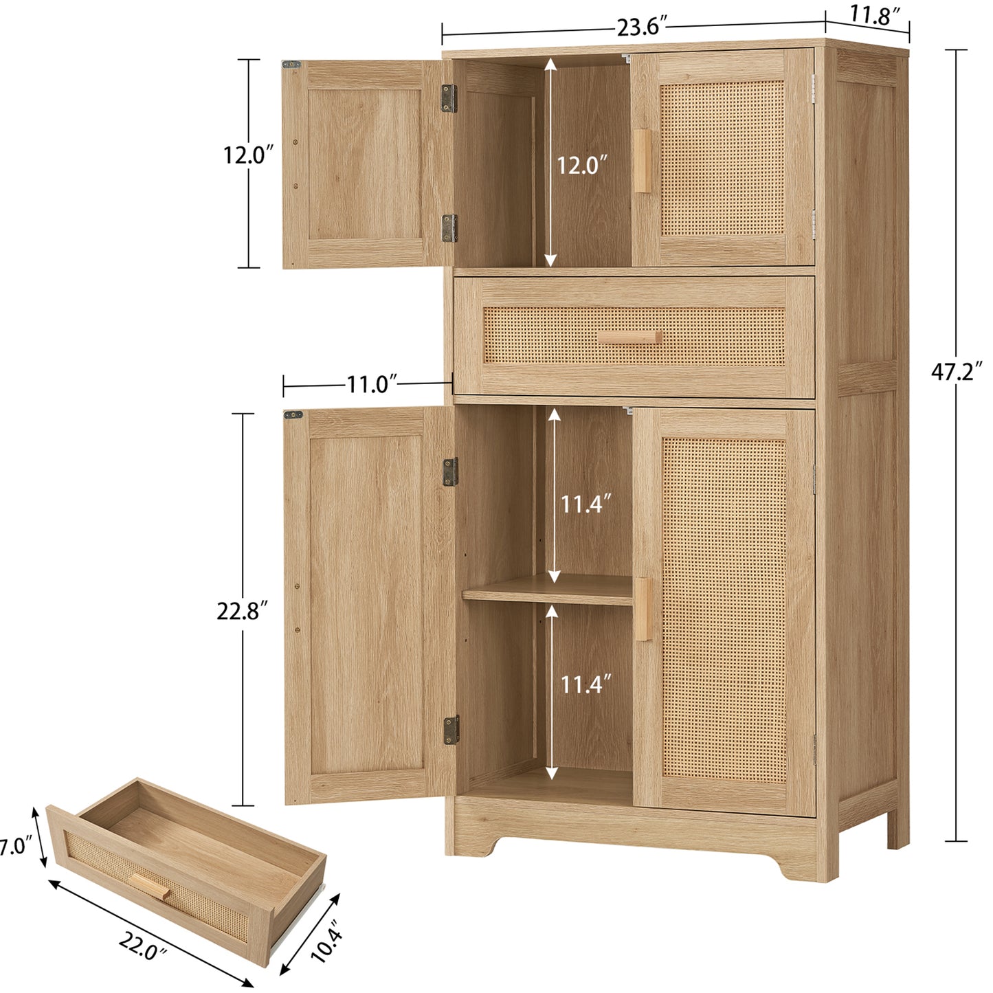 TEENFON 47.2" H Tall Storage Cabinet with Adjustable Shelf, Rattan Cabinet with Large Drawer, Cupboard for Living Room, Dining Room, Entryway, Home Office, Natural