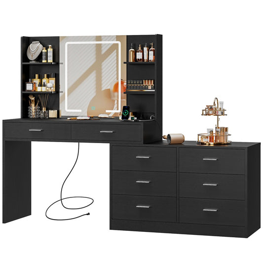 Vanity Makeup Desk with LED Light Mirror & Power Outlet, 8 Drawers, 6 Storage Shelves, 3 Color Modes & Adjustable Brightness Dressing Table, Corner Vanity, L Shape Change, 39.4”Desk, Black