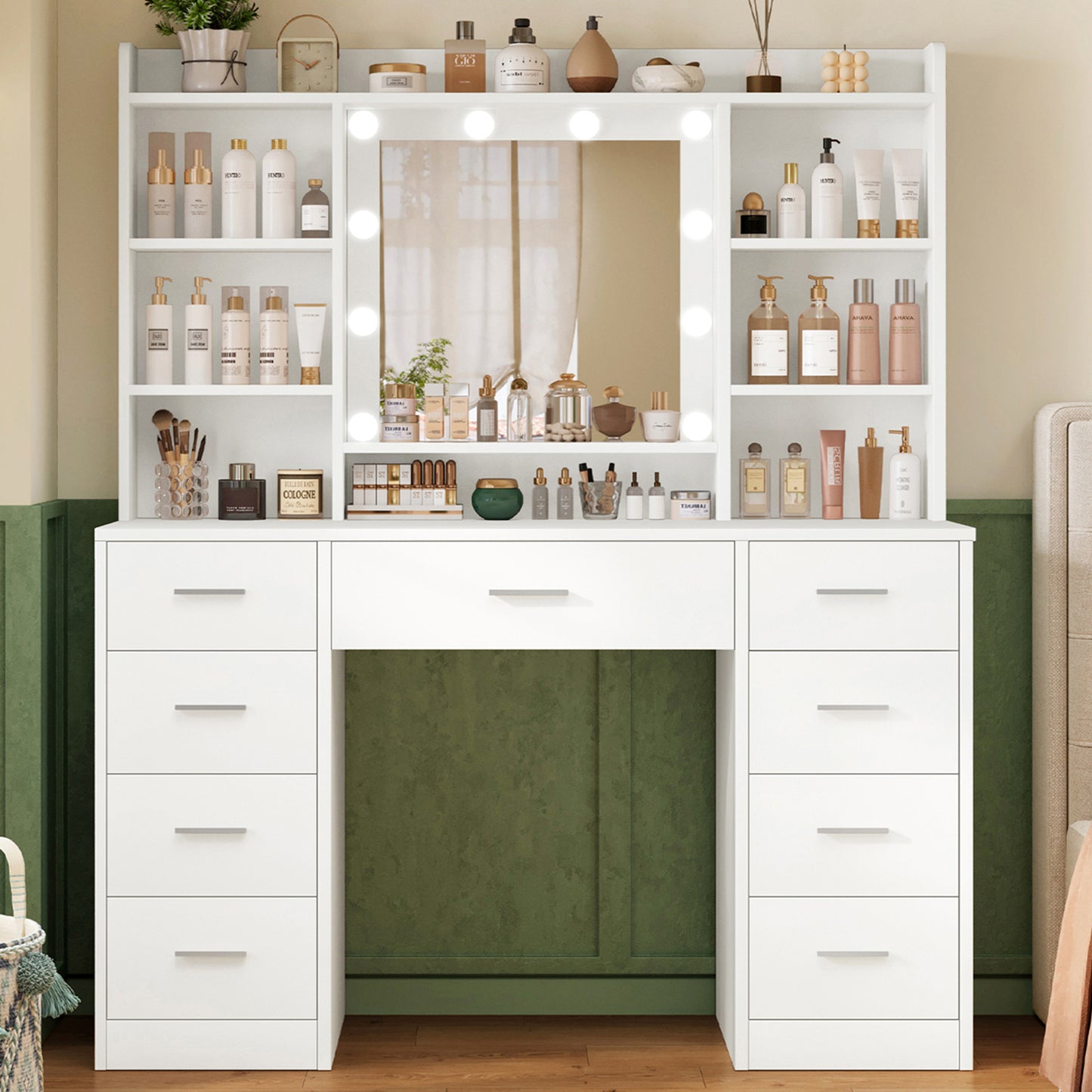 TEENFON Dressing Table with 3-Color LED Lights Mirror, Adjustable Brightness, Vanity Table Makeup Desk with 9 Drawers and 7 Storage Shelves, Modern Vanity Desk for Bedroom Dressing Room, White