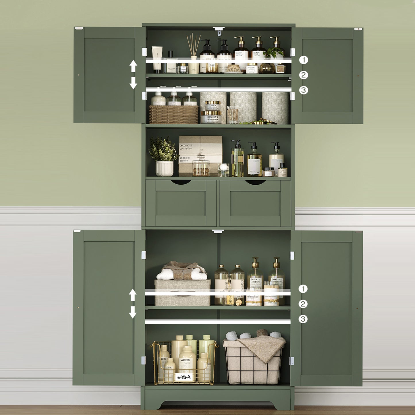 TEENFON 57.8" H Tall Storage Cabinet with 2 Drawers & 2 Adjustable Shelves, Bathroom Storage Cabinet with 4 Doors, Floor Cupboard, for Living Room, Dining Room, Entryway, Woodgrain Gray