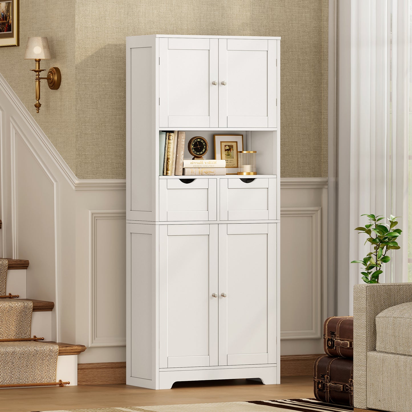 TEENFON 57.8" H Tall Storage Cabinet with 2 Drawers & 2 Adjustable Shelves, Bathroom Storage Cabinet with 4 Doors, Floor Cupboard, for Living Room, Dining Room, Entryway, Woodgrain Gray