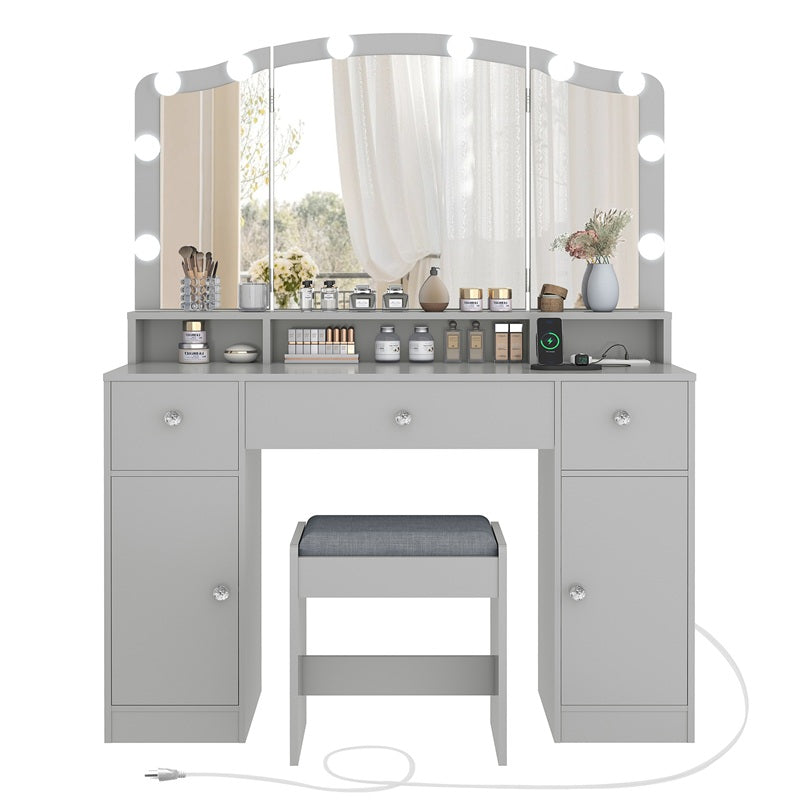 Vanity Desk with Triple Folding Mirror, Makeup Vanity with Power Outlet, Vanity Desk with 10 Lights, 3 Drawers & 2 Cabinets, Makeup Vanity Table with Soft Cushioned Stool for Women, Bedroom, Grey