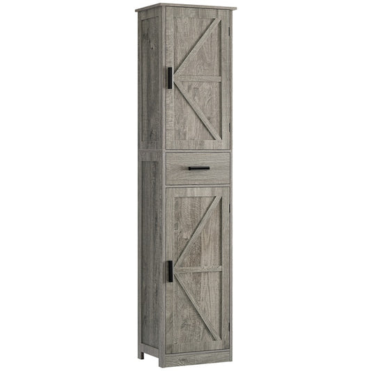 Tall Bathroom Cabinet, Storage Cabinet with 6 Shelves & Drawer, Bathroom Storage Cabinet with Adjustable Shelves, Tall Cabinet for Living Room, Kitchen, Woodgrain Gray