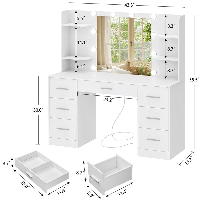 Large Makeup Vanity, 43.3" Vanity Desk with Mirror and Lights, Makeup Vanity Table with 7 Drawers, 4 Shelves, 5 Jewel Hooks & Power Strip, Vanity Desk Set for Bedroom, White