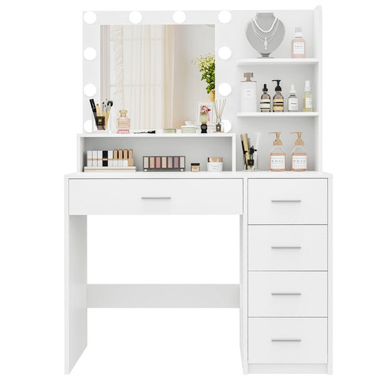 Makeup Vanity Desk with Mirror, 10 Lights, 5 Drawers, 3 Storage Shelves, 3 Color Modes & Adjustable Brightness Dressing Table, 35.4” Desk, White