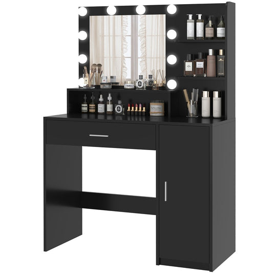 Vanity Desk with 10 Lights & Mirror, 3 Storage Shelf, Big Drawer, Cabinet with Shelves, 3 Lighting Modes & Adjustable Brightness Dressing Table, Small Makeup Vanity, 35.4” Desk, Black
