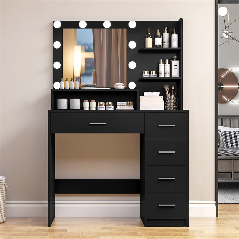 Makeup Vanity Desk with Mirror, 10 Lights, 5 Drawers, 3 Storage Shelves, 3 Color Modes & Adjustable Brightness Dressing Table, 35.4” Desk, Black