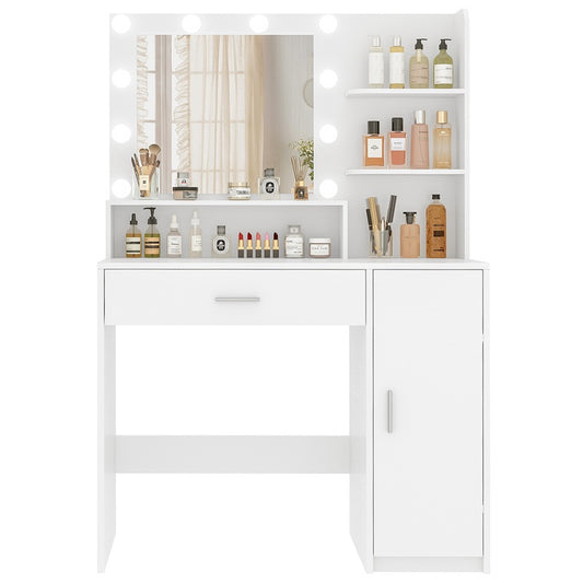 Vanity Desk with 10 Lights & Mirror, 3 Storage Shelf, Big Drawer, Cabinet with Shelves, 3 Lighting Modes & Adjustable Brightness Dressing Table, Small Makeup Vanity, 35.4” Desk, White