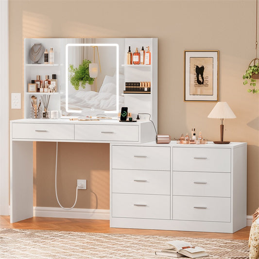Vanity Makeup Desk with LED Light Mirror & Power Outlet, 8 Drawers, 6 Storage Shelves, 3 Color Modes & Adjustable Brightness Dressing Table, Corner Vanity, L Shape Change, 39.4”Desk, White