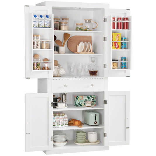 72” Tall Pantry Cabinet, Tall Storage Cabinet with 6 Doors Shelves and 1 Drawer, Kitchen Pantry Cabinet, Cupboard with 4 Door for Kitchen, Dinging Room, Living Room, Whit