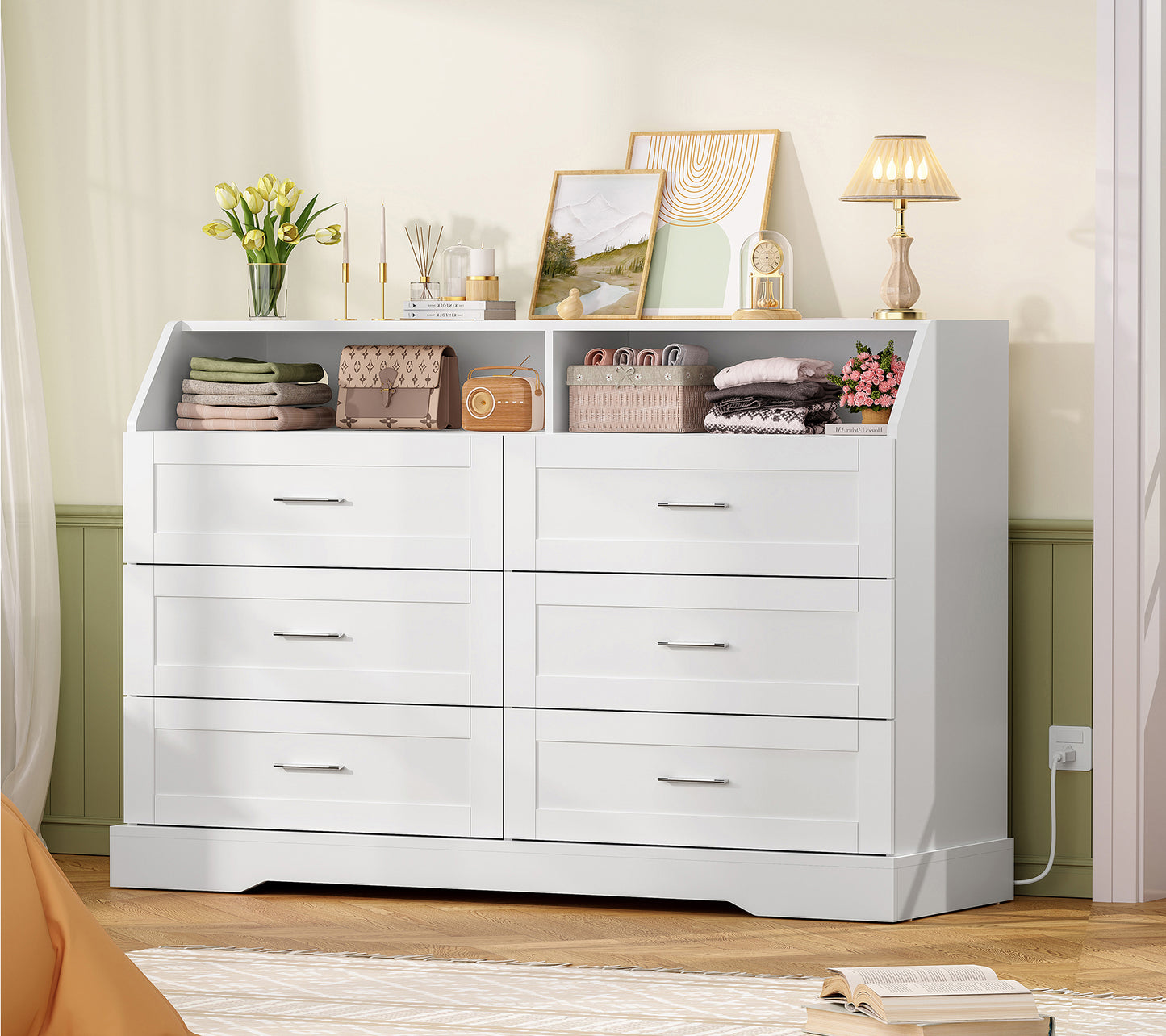 46.5'' Wide White Dresser for Bedroom, 6 Drawer Dresser with Charging Station & LED Lights, Closet Organizer for Bedroom, White