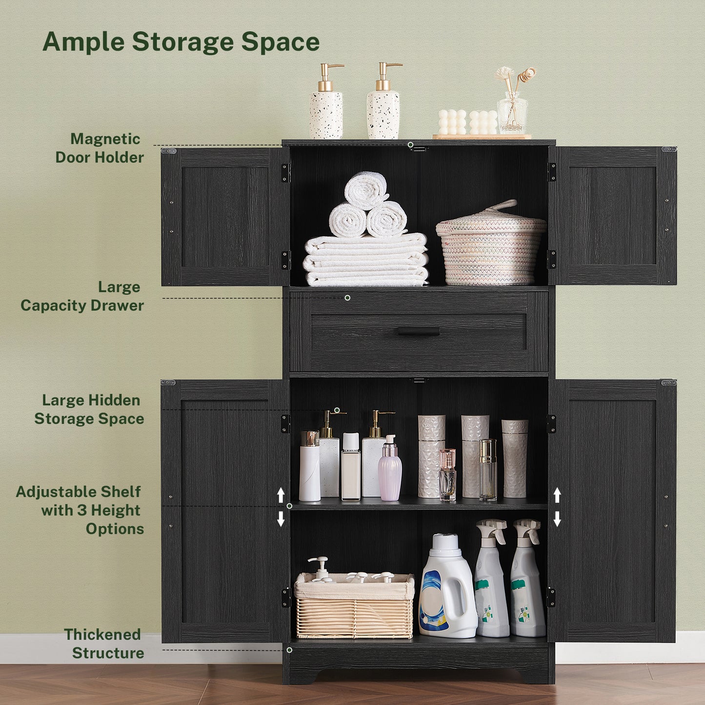 TEENFON 47.2" H Storage Cabinet with Adjustable Shelf & Large Drawer, Cabinet for Living Room, Home Office, Entryway, Rustic Black