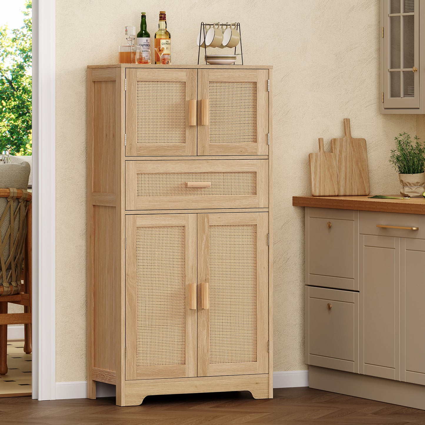 TEENFON 47.2" H Tall Storage Cabinet with Adjustable Shelf, Rattan Cabinet with Large Drawer, Cupboard for Living Room, Dining Room, Entryway, Home Office, Natural