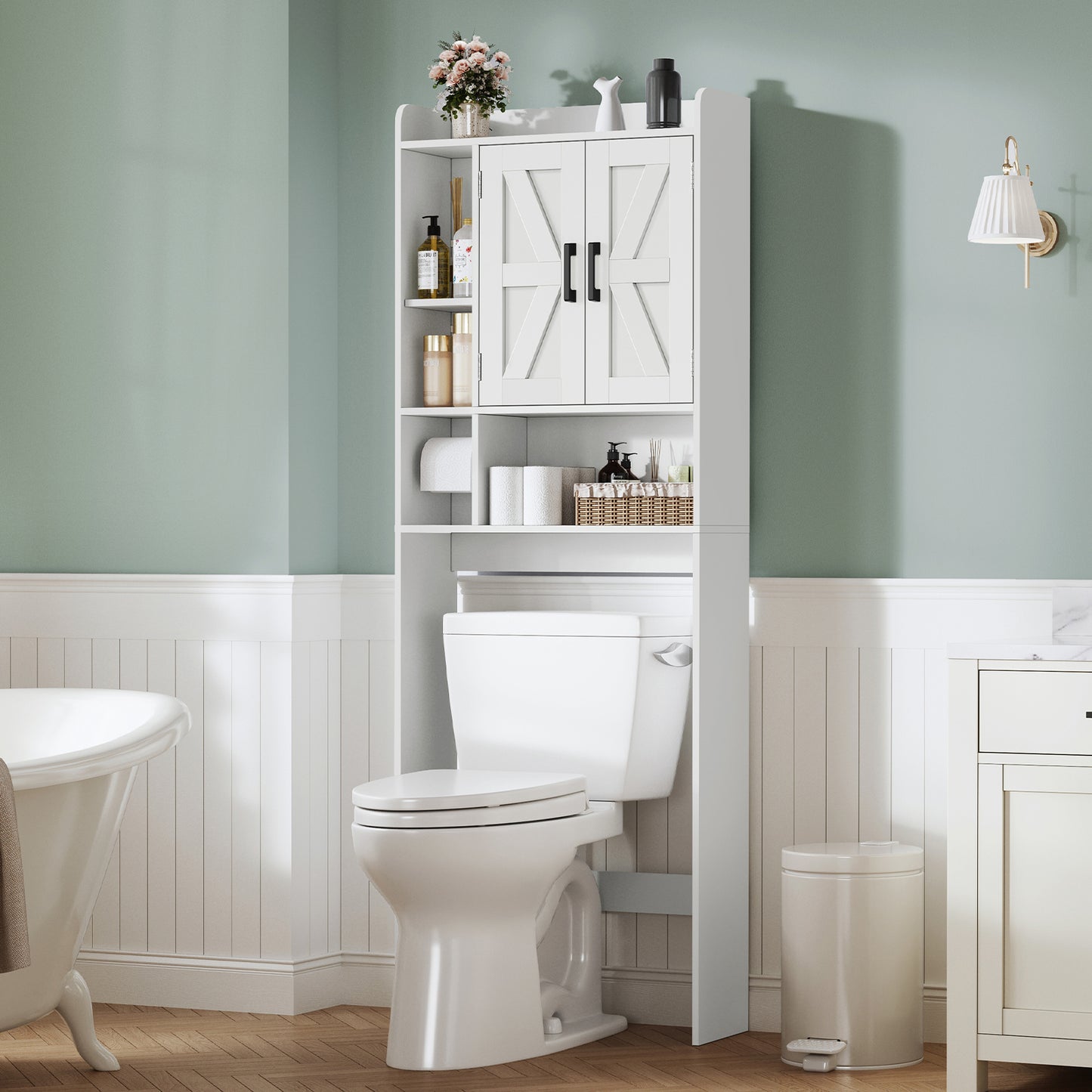 TEENFON Over The Toilet Storage Cabinet, Above Toilet Storage Cabinet with Paper Holder,Taller Wooden Free Standing Bathroom Storage with Shelves & Doors, Laundry Room Storage Shelf, White