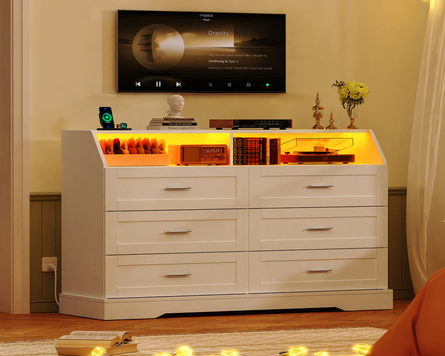 46.5'' Wide White Dresser for Bedroom, 6 Drawer Dresser with Charging Station & LED Lights, Closet Organizer for Bedroom, White