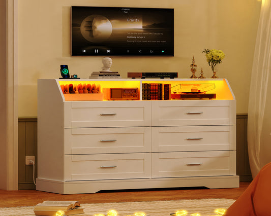 46.5'' Wide White Dresser for Bedroom, 6 Drawer Dresser with Charging Station & LED Lights, Closet Organizer for Bedroom, White