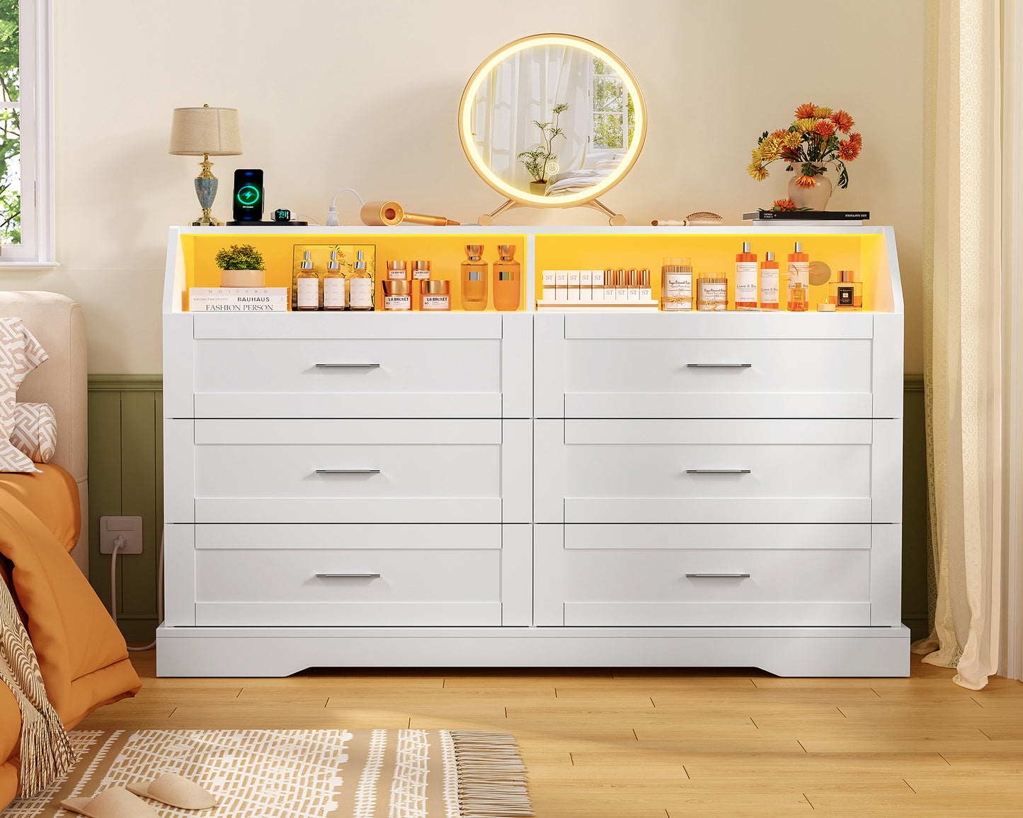 46.5'' Wide White Dresser for Bedroom, 6 Drawer Dresser with Charging Station & LED Lights, Closet Organizer for Bedroom, White