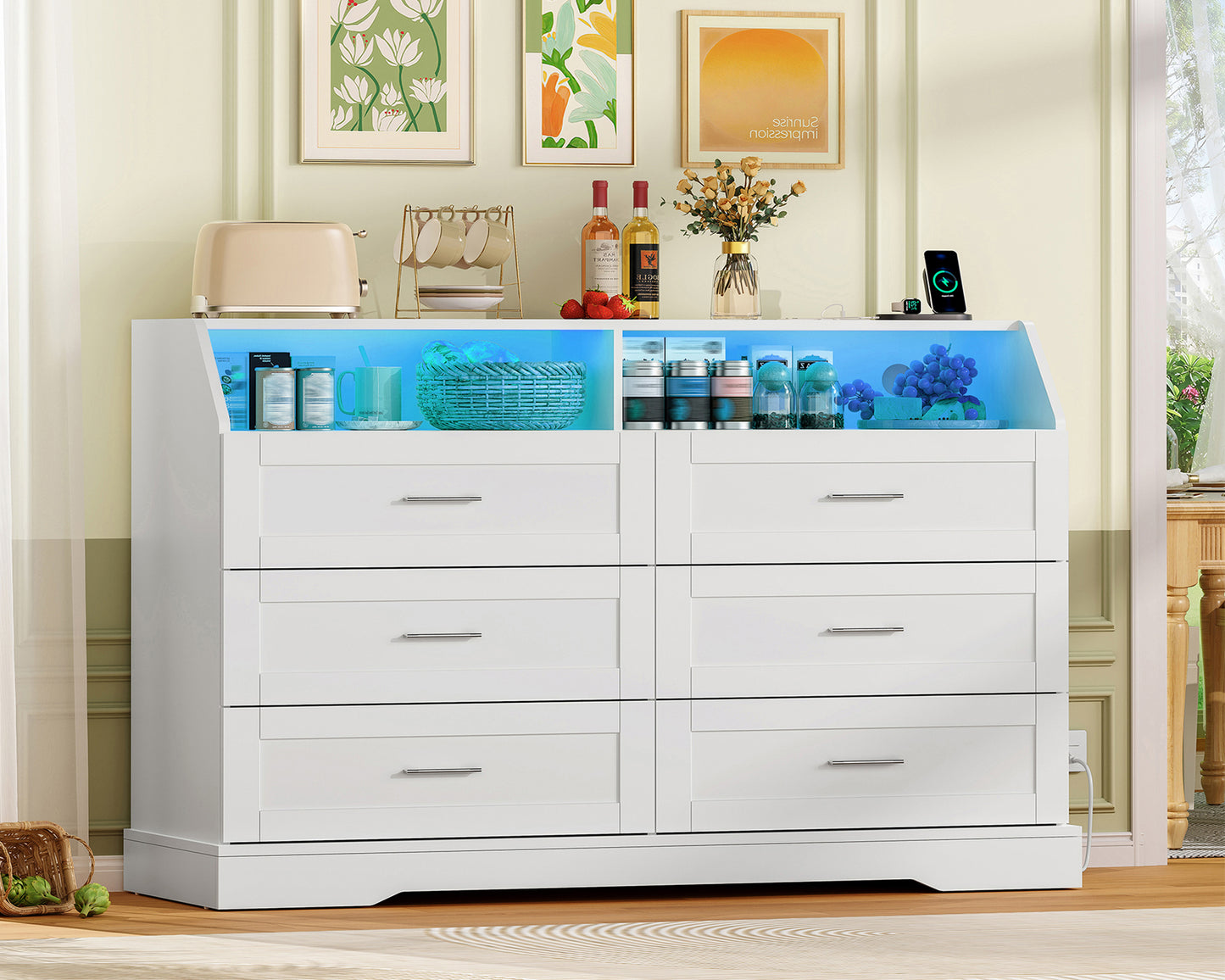 46.5'' Wide White Dresser for Bedroom, 6 Drawer Dresser with Charging Station & LED Lights, Closet Organizer for Bedroom, White