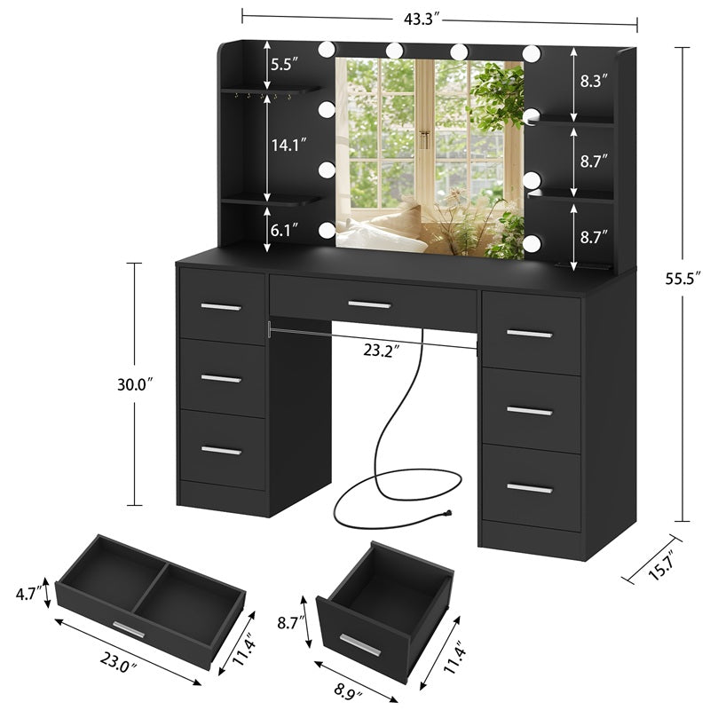 Large Makeup Vanity, 43.3" Vanity Desk with Mirror and Lights, Makeup Vanity Table with 7 Drawers, 4 Shelves, 5 Jewel Hooks & Power Strip, Vanity Desk Set for Bedroom, White