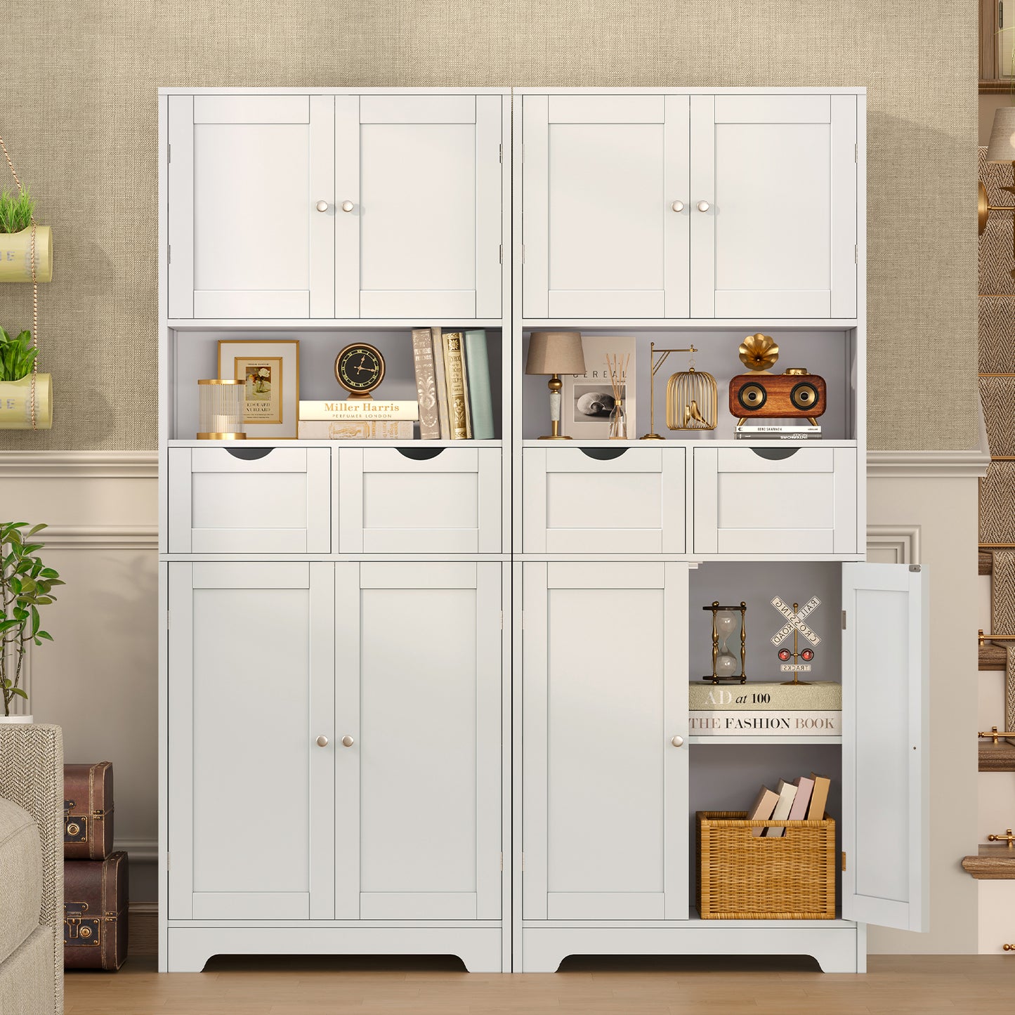 TEENFON 57.8" H Tall Storage Cabinet with 2 Drawers & 2 Adjustable Shelves, Bathroom Storage Cabinet with 4 Doors, Floor Cupboard, for Living Room, Dining Room, Entryway, Woodgrain Gray