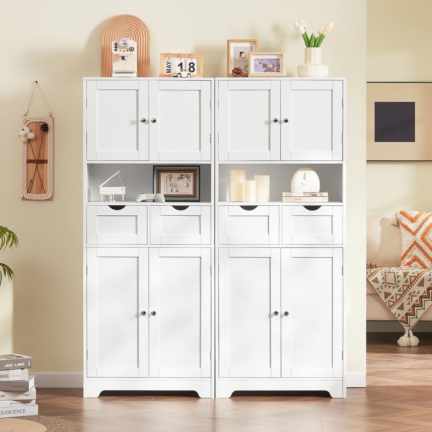 57.8" H Tall Storage Cabinet with 2 Drawers & 2 Adjustable Shelves, Floor Cabinet with 4 Doors, Tall Cabinet for Living Room, Dining Room, Entryway, Black