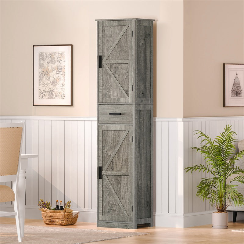 Tall Bathroom Cabinet, Storage Cabinet with 6 Shelves & Drawer, Bathroom Storage Cabinet with Adjustable Shelves, Tall Cabinet for Living Room, Kitchen, Woodgrain Gray