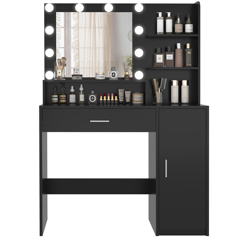Vanity Desk with 10 Lights & Mirror, 3 Storage Shelf, Big Drawer, Cabinet with Shelves, 3 Lighting Modes & Adjustable Brightness Dressing Table, Small Makeup Vanity, 35.4” Desk, Black