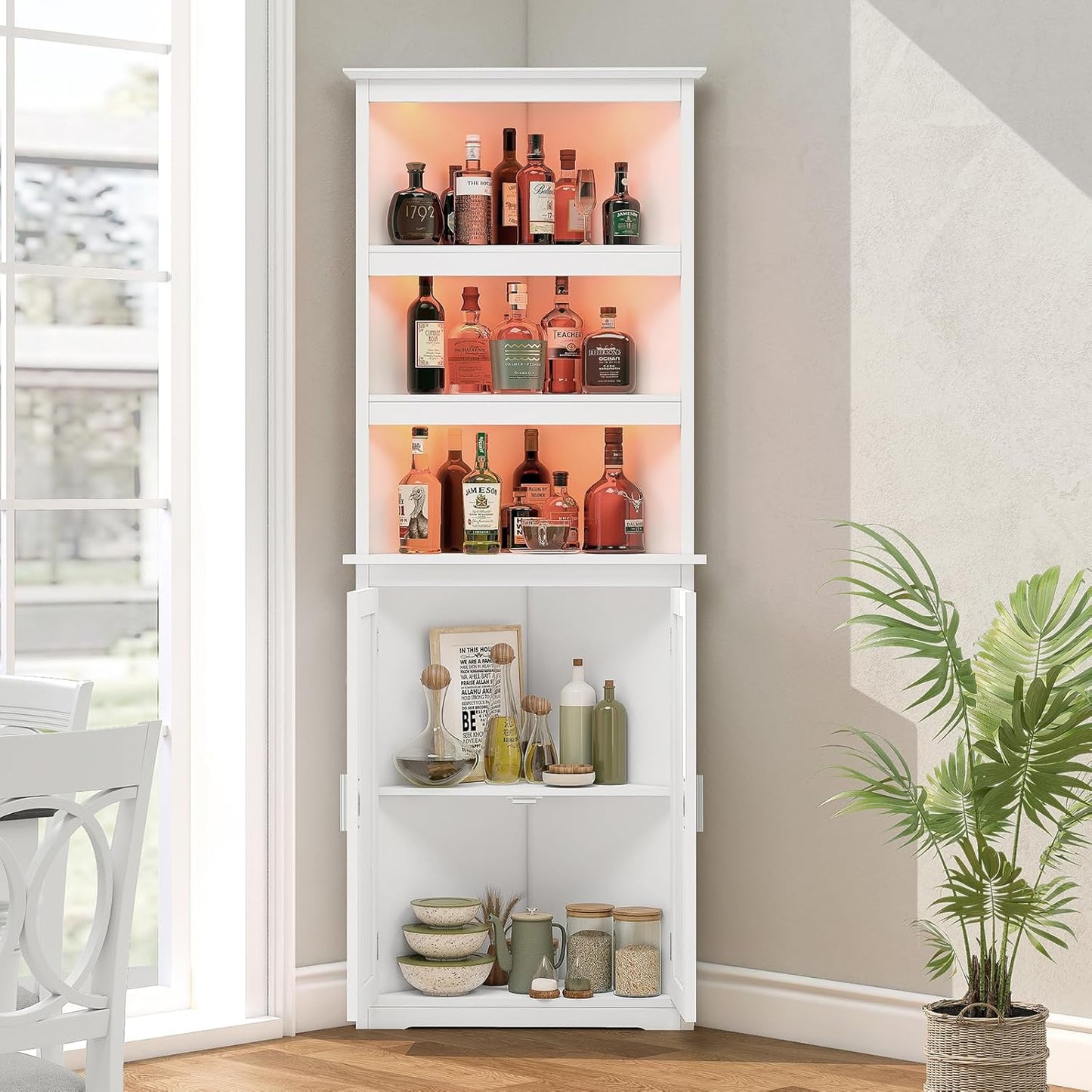 63.7 "H Tall Corner Cabinet with LED Lights, Gothic Style Corner Shelves with Doors, 5-Tier Bathroom Cabinet, Living Room, Dining Room, Black