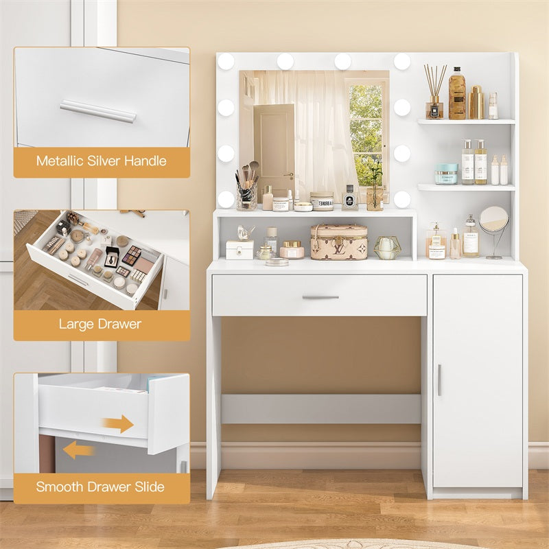 Vanity Desk with 10 Lights & Mirror, 3 Storage Shelf, Big Drawer, Cabinet with Shelves, 3 Lighting Modes & Adjustable Brightness Dressing Table, Small Makeup Vanity, 35.4” Desk, White