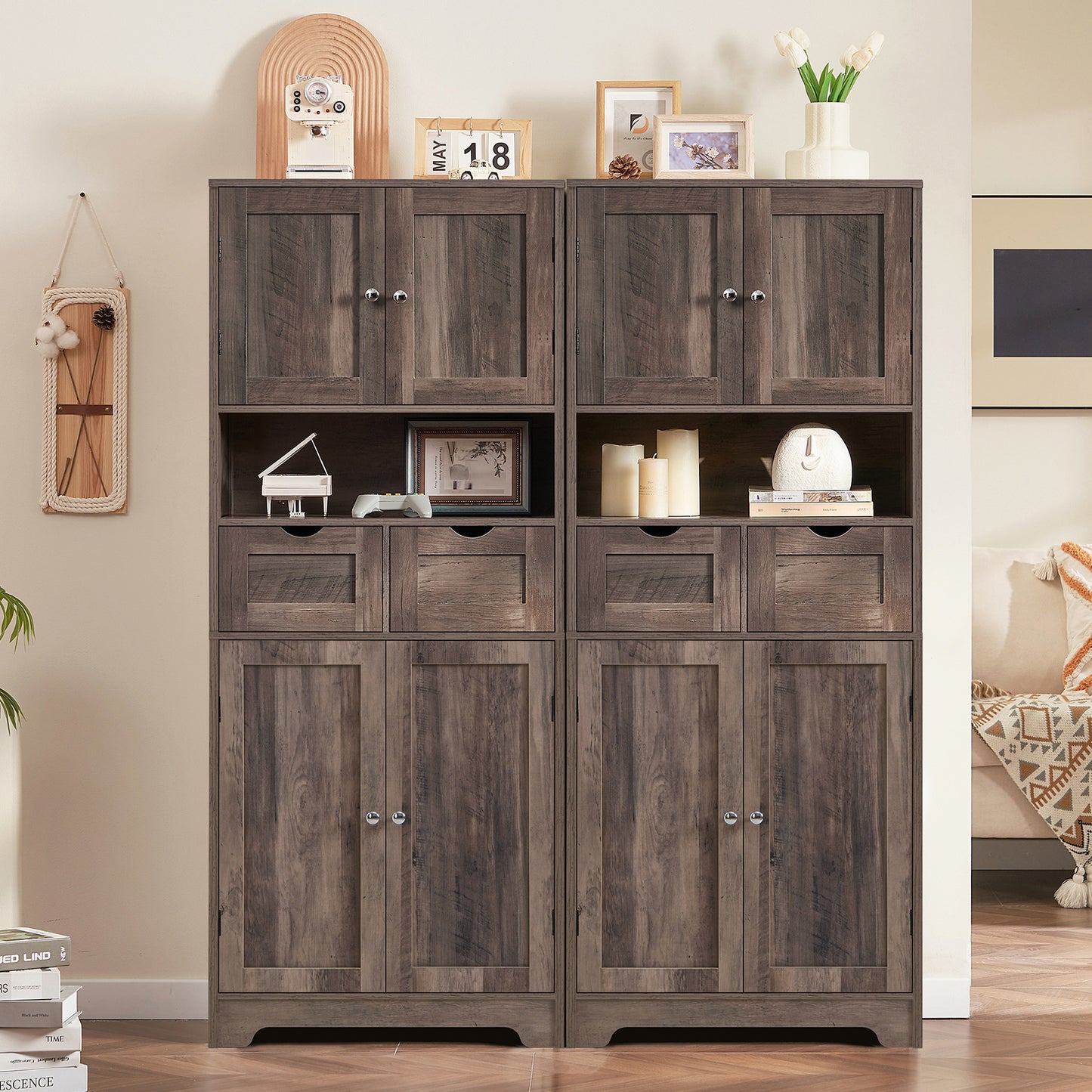 57.8" H Tall Storage Cabinet with 2 Drawers & 2 Adjustable Shelves, Floor Cabinet with 4 Doors, Tall Cabinet for Living Room, Dining Room, Entryway, Black