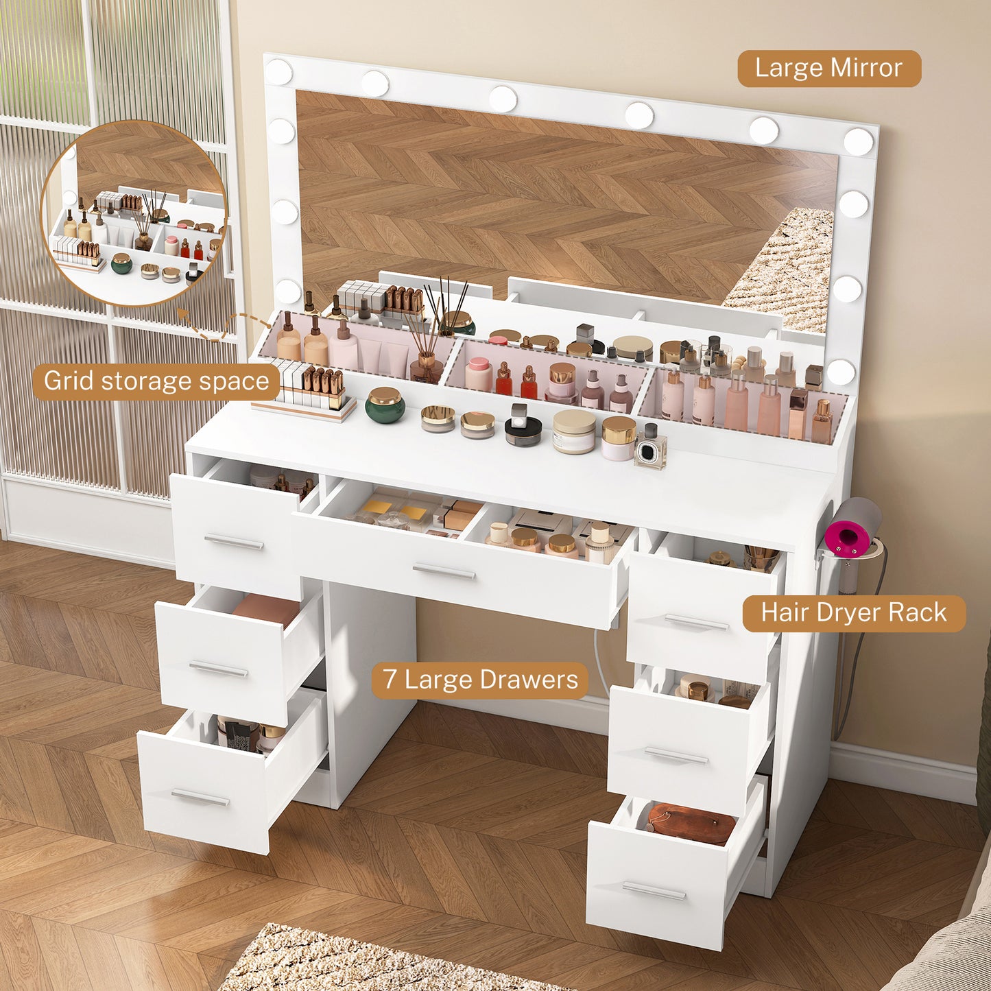 TEENFON Dressing Table with Large Mirror and 12 LED Lights, Vanity Desk with 7 Drawers & Hairdryer Holder, Vanity Table Makeup Desk for Women, Girls, 3 Lighting Color Adjustable, White