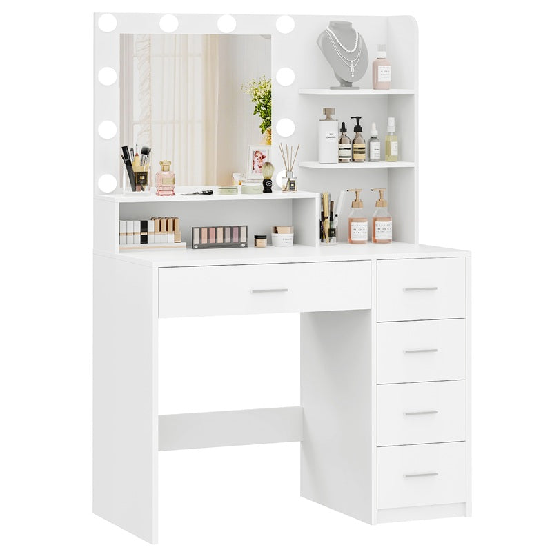 Makeup Vanity Desk with Mirror, 10 Lights, 5 Drawers, 3 Storage Shelves, 3 Color Modes & Adjustable Brightness Dressing Table, 35.4” Desk, White