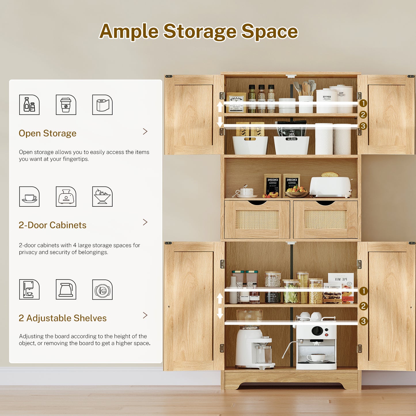 TEENFON 57.8" H Tall Storage Cabinet with 2 Drawers & 2 Adjustable Shelves, Bathroom Storage Cabinet with 4 Doors, Floor Cupboard, for Living Room, Dining Room, Entryway, Woodgrain Gray