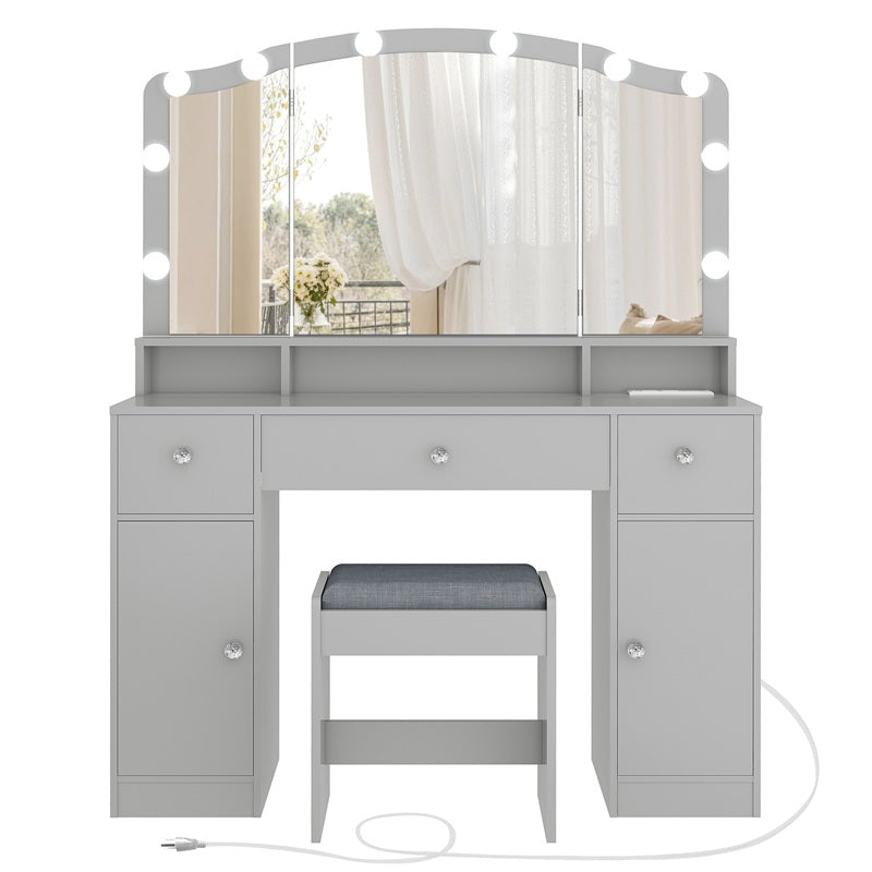 Vanity Desk with Triple Folding Mirror, Makeup Vanity with Power Outlet, Vanity Desk with 10 Lights, 3 Drawers & 2 Cabinets, Makeup Vanity Table with Soft Cushioned Stool for Women, Bedroom, Grey