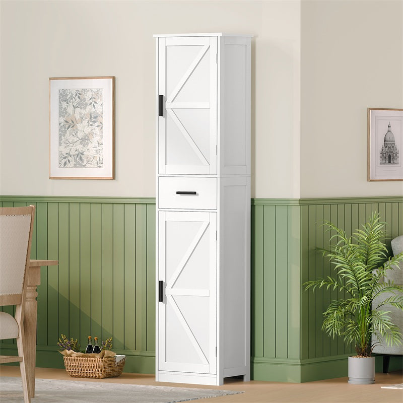 Tall Bathroom Cabinet, Storage Cabinet with 6 Shelves & Drawer, Bathroom Storage Cabinet with Adjustable Shelves, Tall Cabinet for Living Room, Kitchen, White