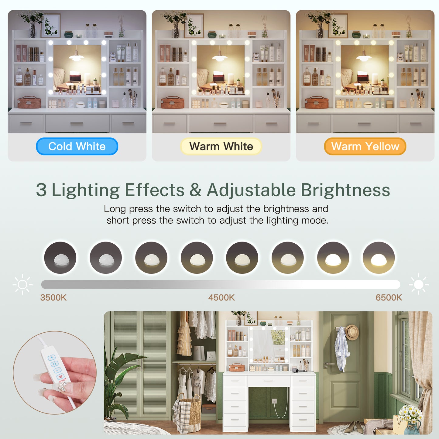 TEENFON Dressing Table with 3-Color LED Lights Mirror, Adjustable Brightness, Vanity Table Makeup Desk with 9 Drawers and 7 Storage Shelves, Modern Vanity Desk for Bedroom Dressing Room, White