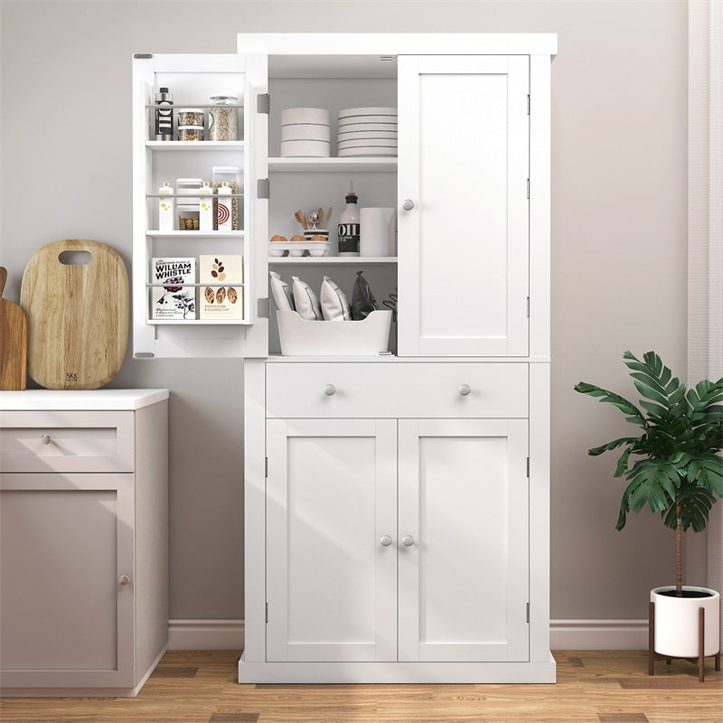 72” Tall Pantry Cabinet, Tall Storage Cabinet with 6 Doors Shelves and 1 Drawer, Kitchen Pantry Cabinet, Cupboard with 4 Door for Kitchen, Dinging Room, Living Room, Whit