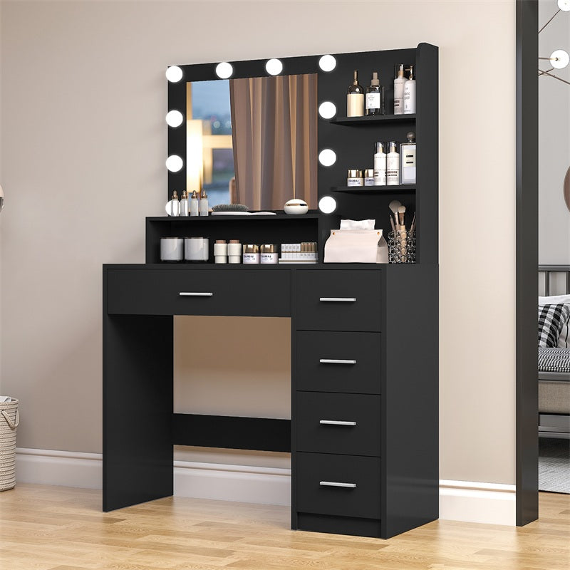 Makeup Vanity Desk with Mirror, 10 Lights, 5 Drawers, 3 Storage Shelves, 3 Color Modes & Adjustable Brightness Dressing Table, 35.4” Desk, Black