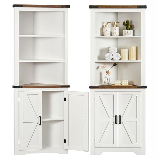 TEENONF Farmhouse Corner Cabinet, 70" H Tall Corner Hutch with 5 Shelves & 2 Barn Doors, Bathroom Cabinet with Adjustable Shelf, for Living Room, Kitchen, Bathroom, White