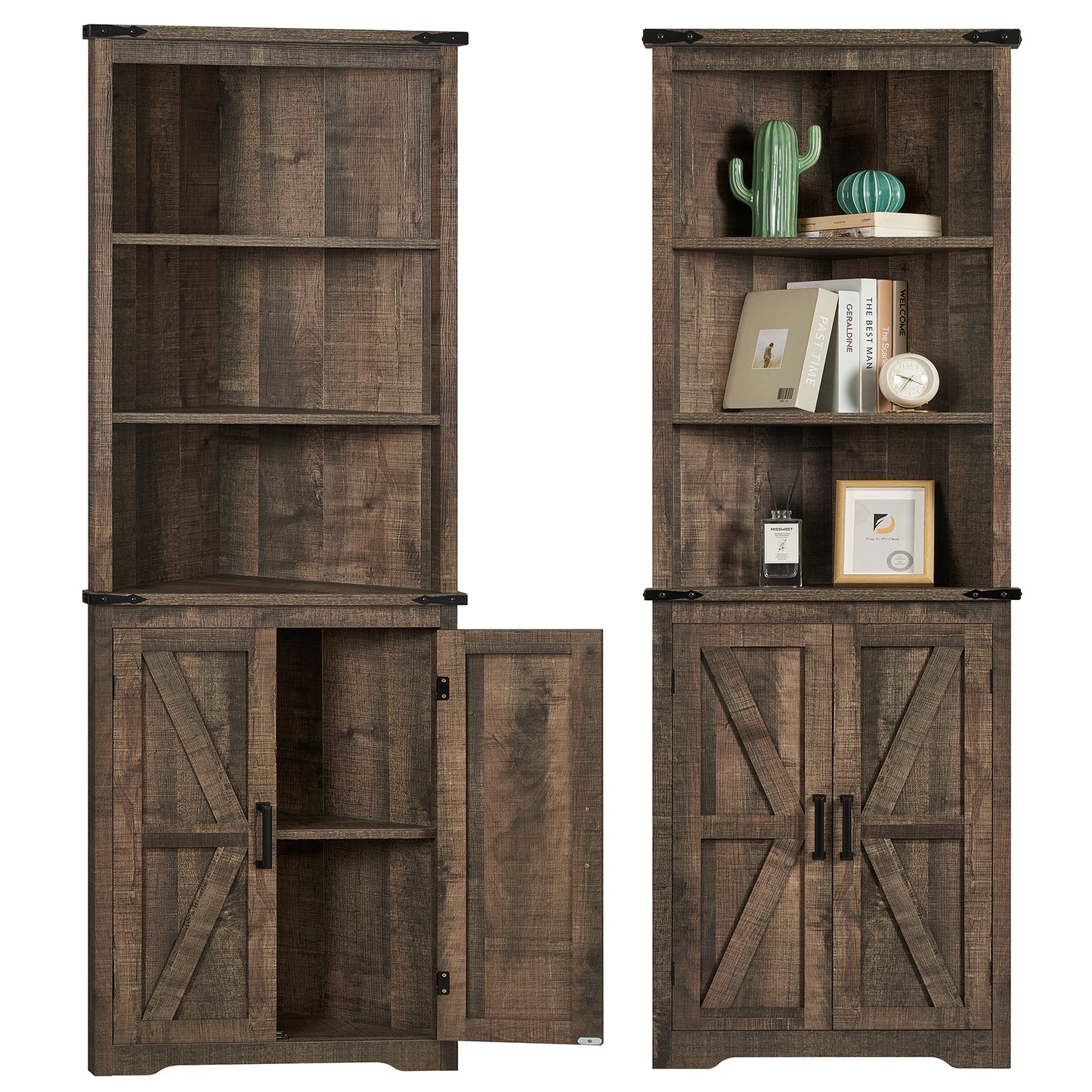 TEENONF Farmhouse Corner Cabinet, 70" H Tall Corner Hutch with 5 Shelves & 2 Barn Doors, Bathroom Cabinet with Adjustable Shelf, for Living Room, Kitchen, Bathroom, White