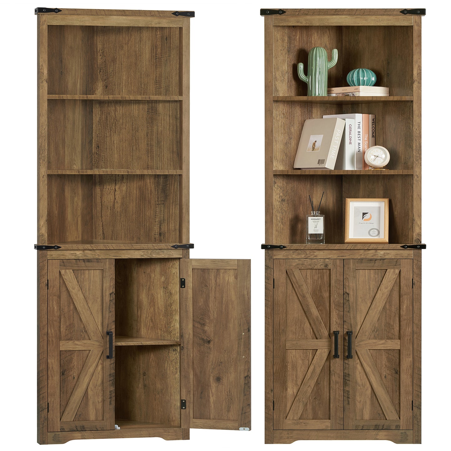 TEENONF Farmhouse Corner Cabinet, 70" H Tall Corner Hutch with 5 Shelves & 2 Barn Doors, Bathroom Cabinet with Adjustable Shelf, for Living Room, Kitchen, Bathroom, White