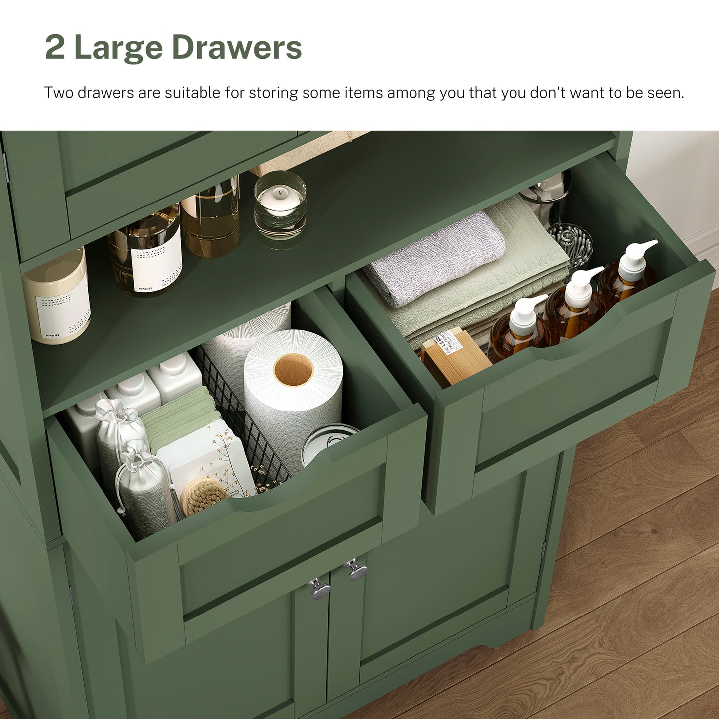 TEENFON 57.8" H Tall Storage Cabinet with 2 Drawers & 2 Adjustable Shelves, Bathroom Storage Cabinet with 4 Doors, Floor Cupboard, for Living Room, Dining Room, Entryway, Woodgrain Gray