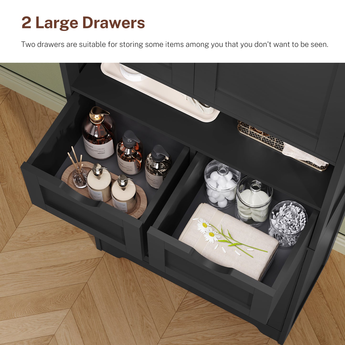 57.8" H Tall Storage Cabinet with 2 Drawers & 2 Adjustable Shelves, Floor Cabinet with 4 Doors, Tall Cabinet for Living Room, Dining Room, Entryway, Black