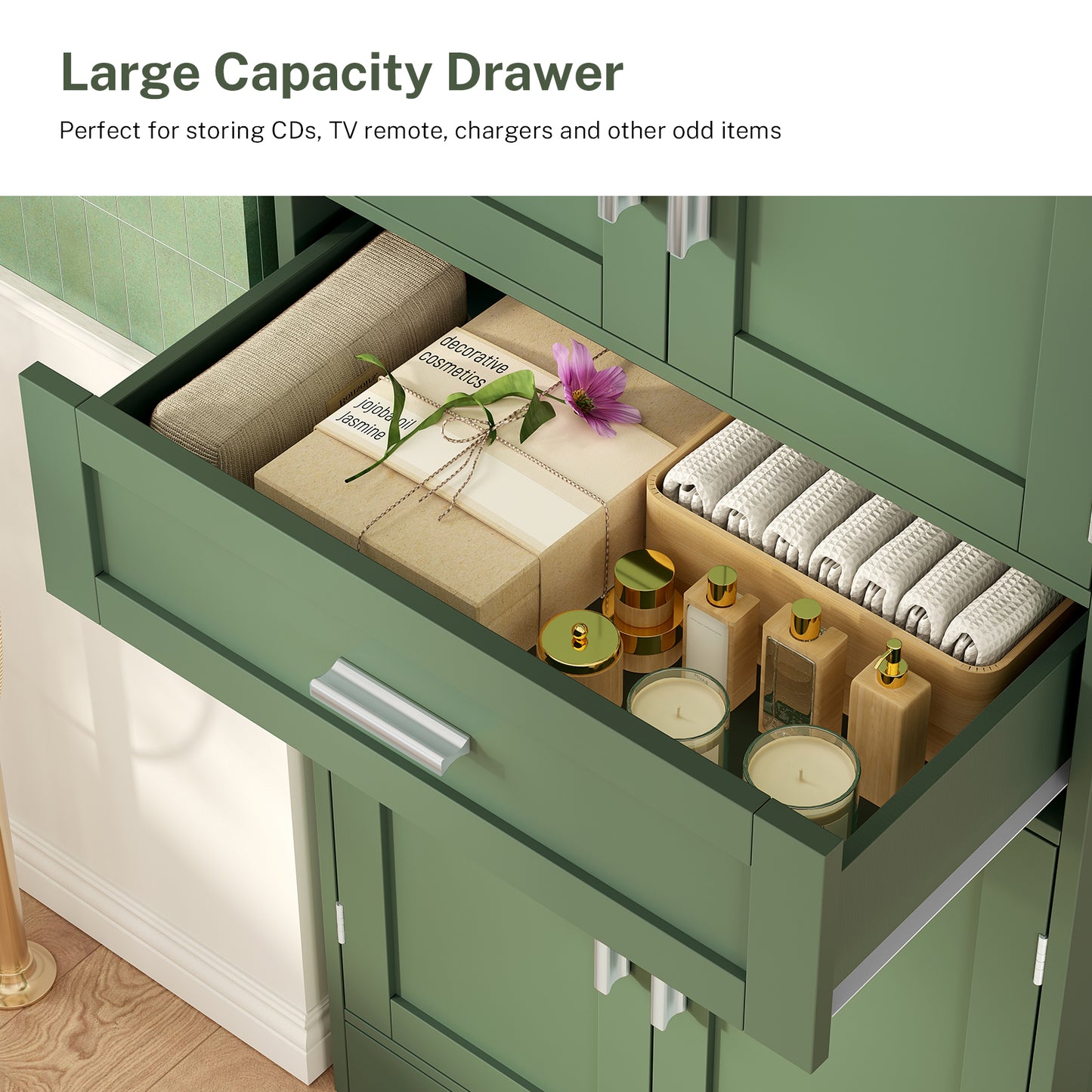 TEENFON Bathroom Floor Storage Cabinet with Adjustable Shelf, Freestanding Storage Cabinet with 4 Doors, Cupboard for Living Room, Home Office, Entryway, Forest Green