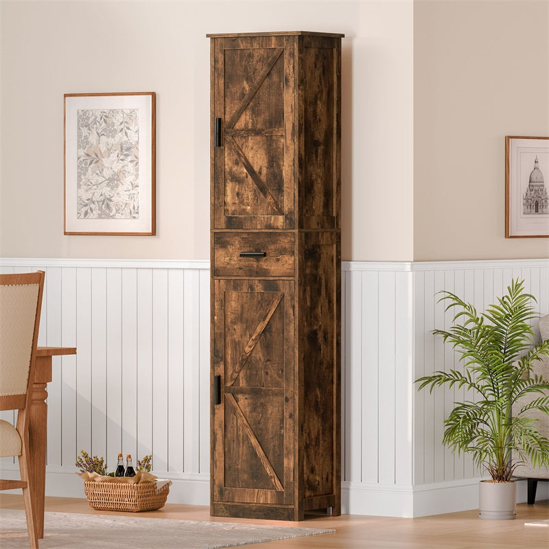 Tall Bathroom Cabinet, Storage Cabinet with 6 Shelves & Drawer, Bathroom Storage Cabinet with Adjustable Shelves, Tall Cabinet for Living Room, Kitchen, Rustic Brown
