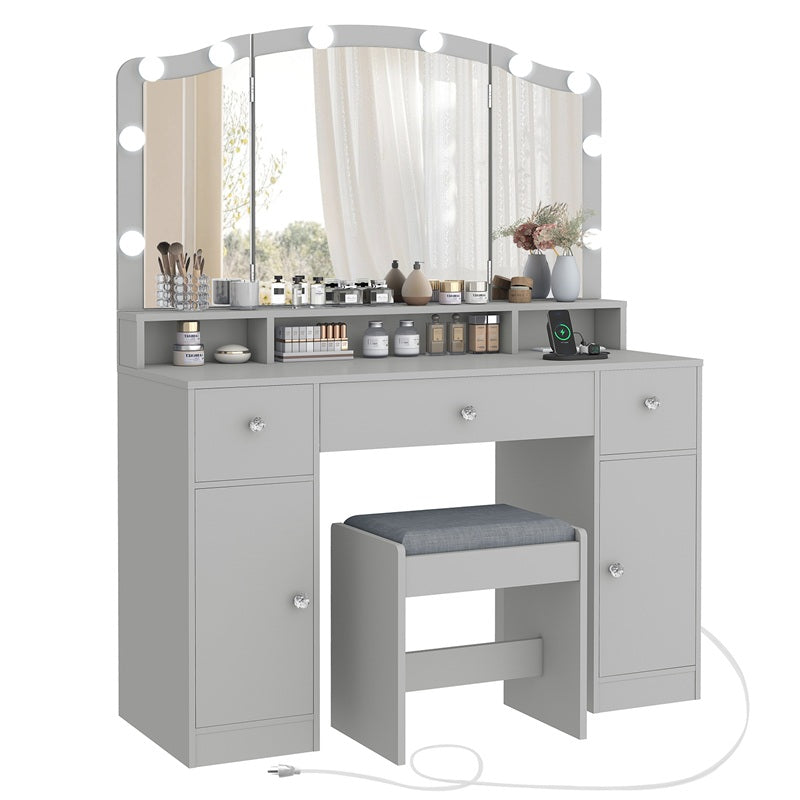 Vanity Desk with Triple Folding Mirror, Makeup Vanity with Power Outlet, Vanity Desk with 10 Lights, 3 Drawers & 2 Cabinets, Makeup Vanity Table with Soft Cushioned Stool for Women, Bedroom, Grey