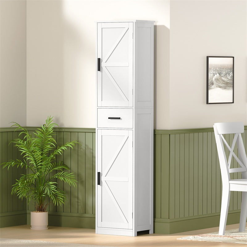 Tall Bathroom Cabinet, Storage Cabinet with 6 Shelves & Drawer, Bathroom Storage Cabinet with Adjustable Shelves, Tall Cabinet for Living Room, Kitchen, White